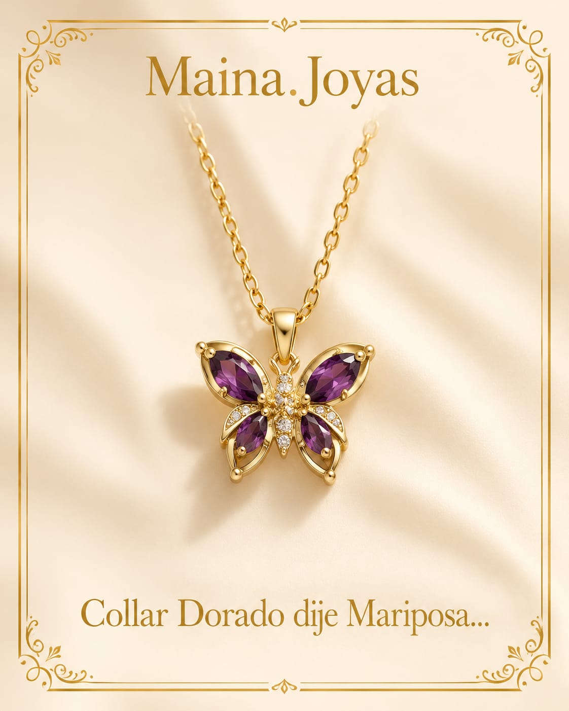 Collar Dorado dije Mariposa 🦋 y alas con piedras Violetas