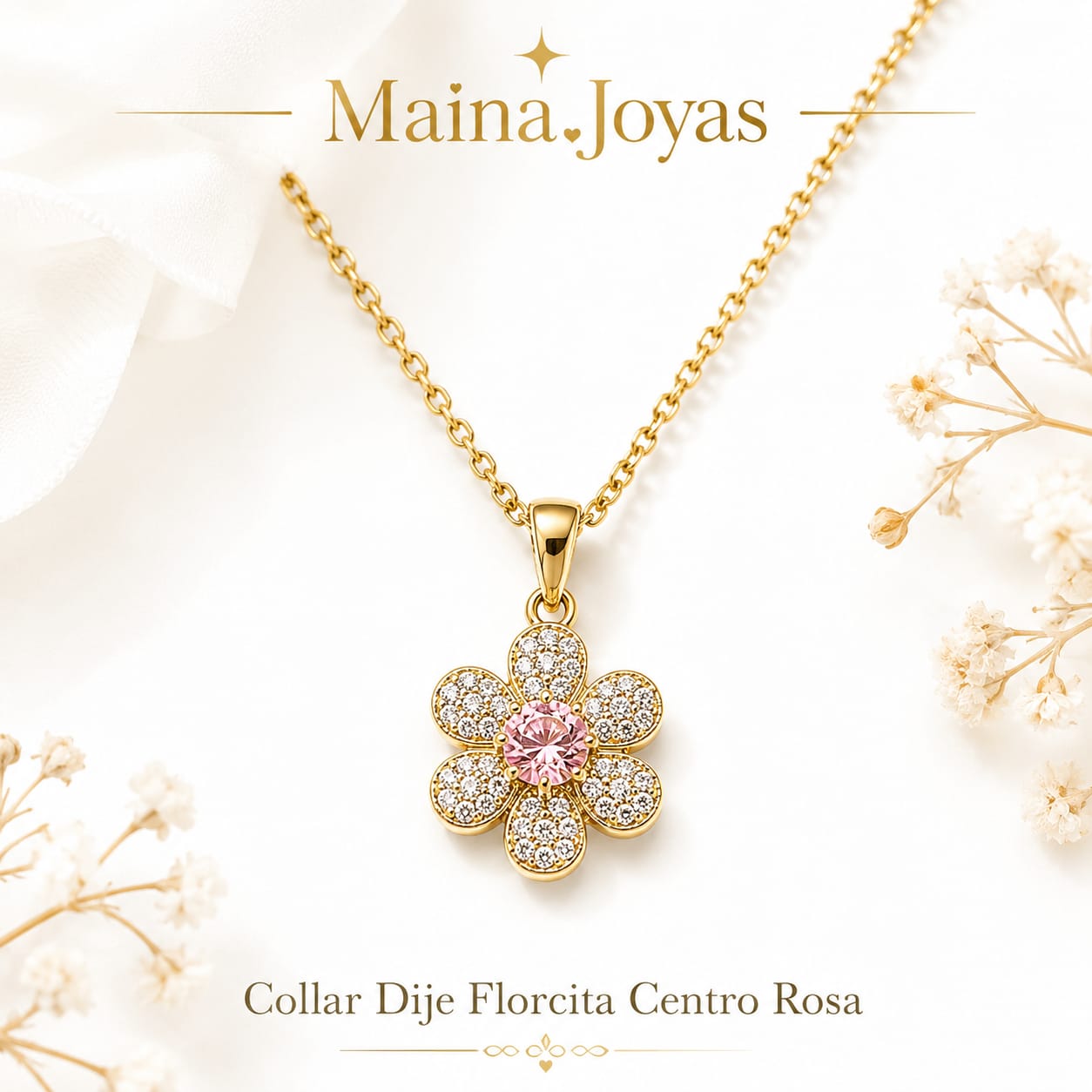 Collar Dije florcita centro rosado giratorio