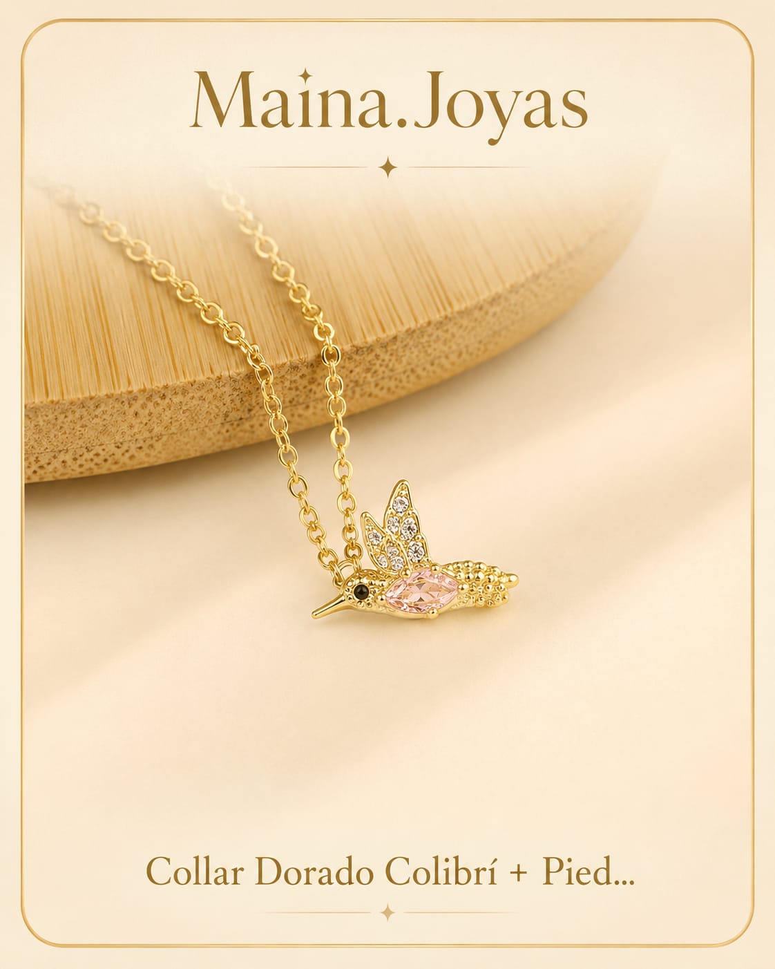 Collar Dorado Colibrí + Piedra Rosa 🩷