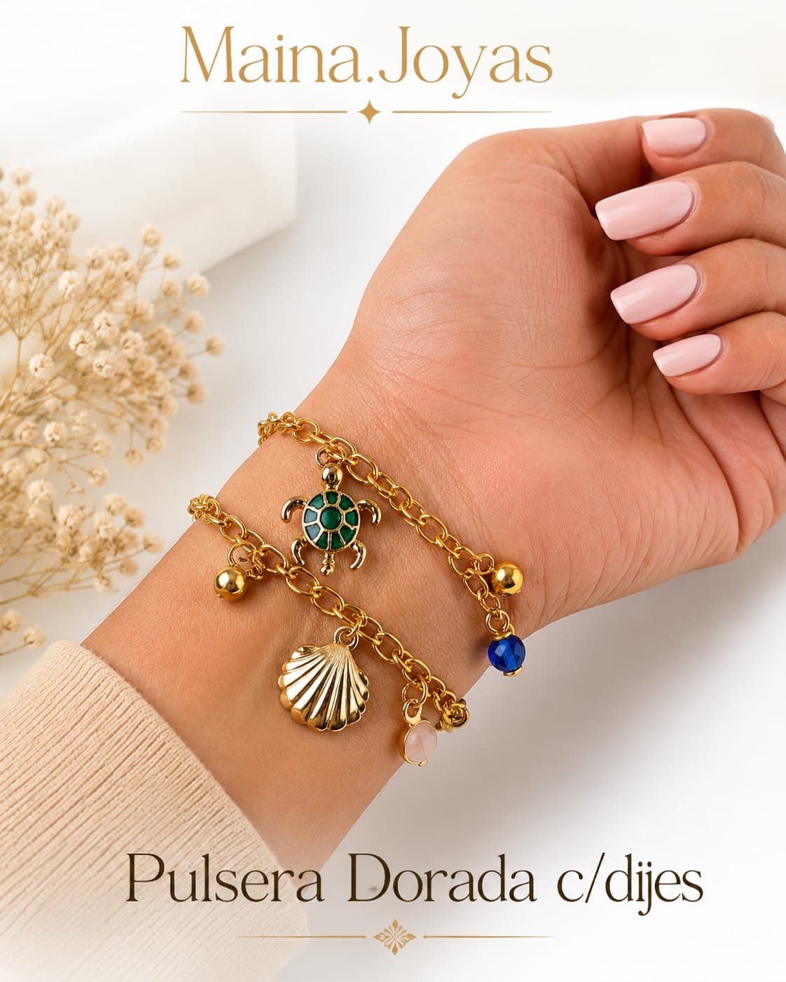 Pulsera c/dijes pescaditos + tortugas + bolitas