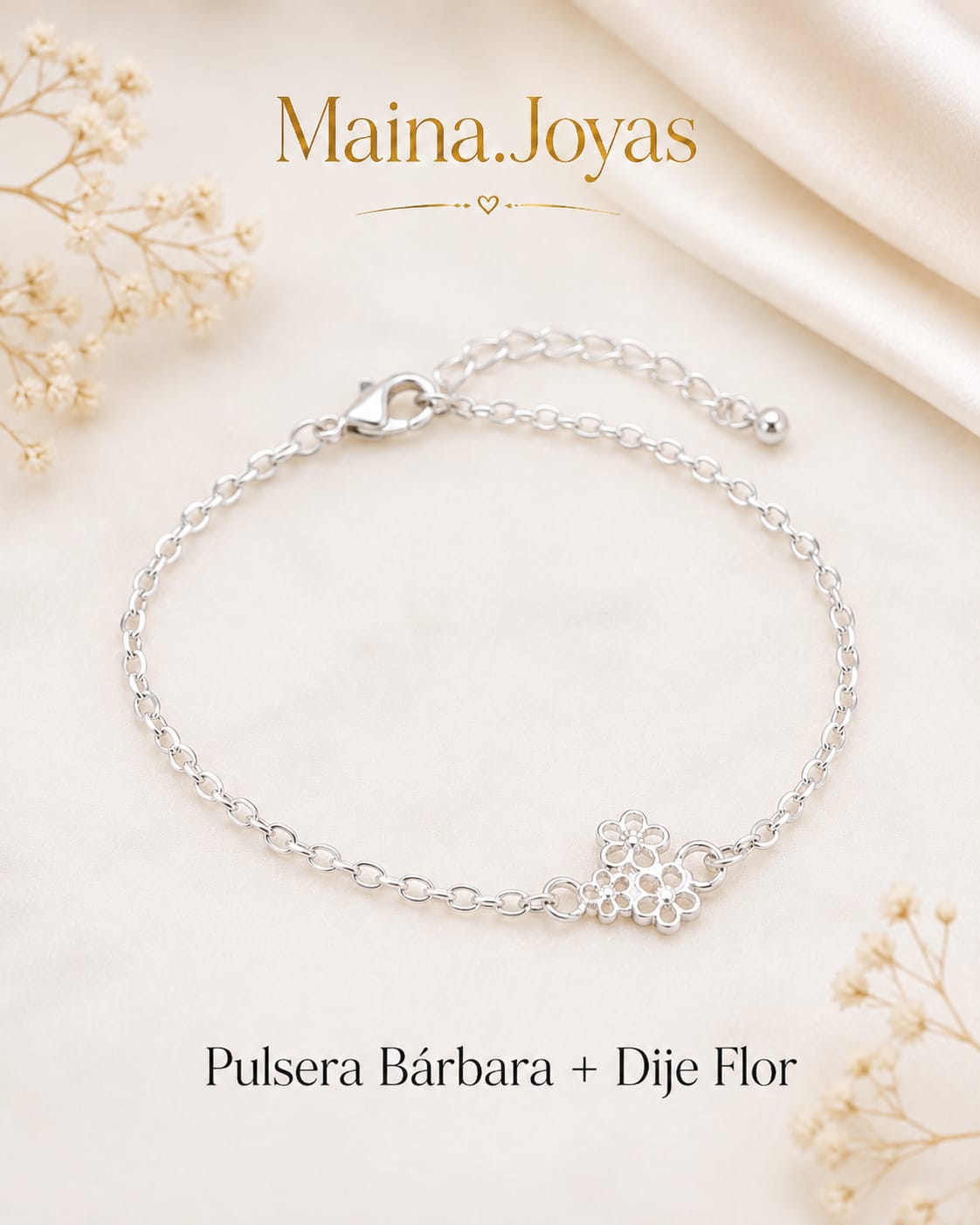 Pulsera Barbada + dije corazón blanco calado brillante