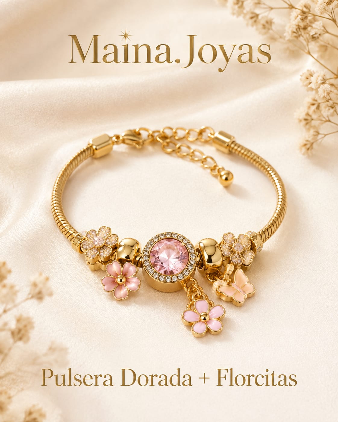 Pulsera Dorada + dije Mariposa + flor esmaltada rosa