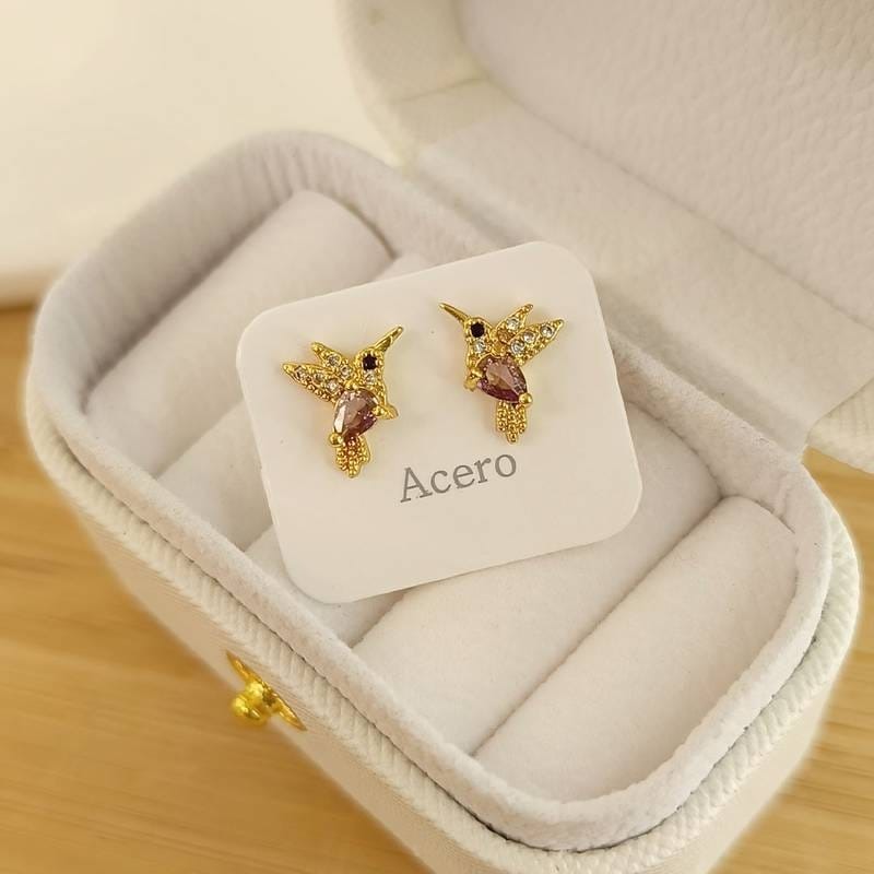 Aros Dorado en miniatura Colibrí Violeta 💜 / Negro / Verde