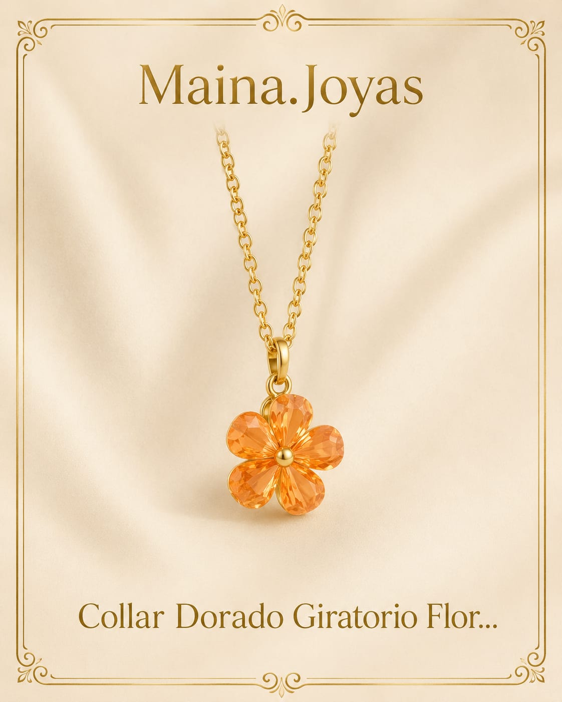Collar Dorado Giratorio Flor Pétalos Naranja 🌸🟠