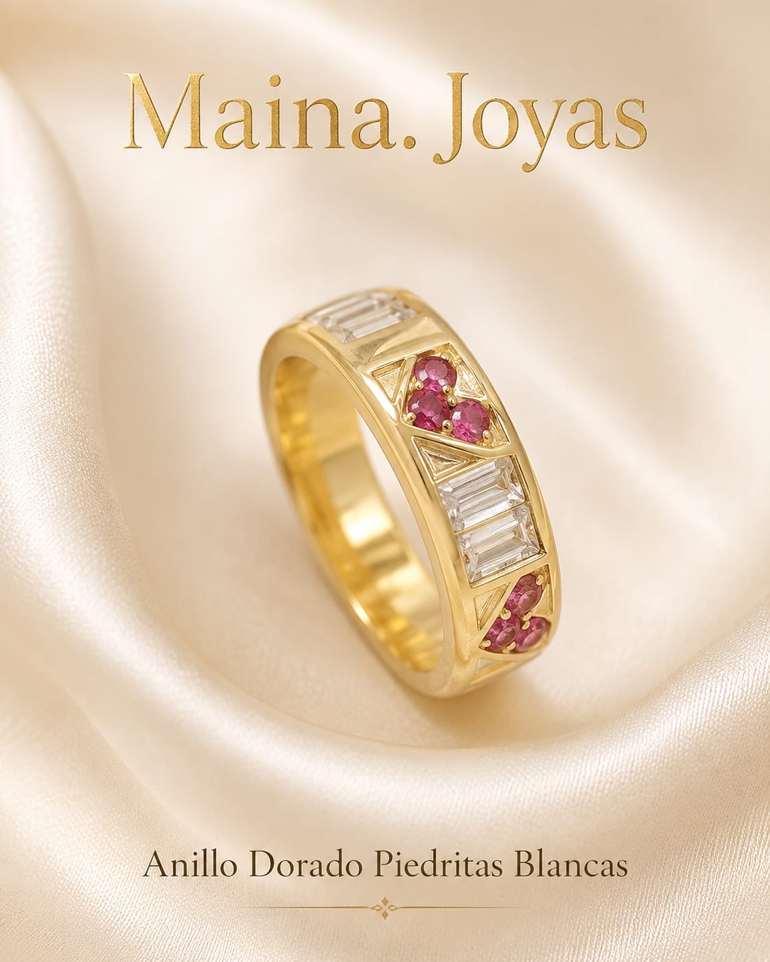 Anillo Dorado piedritas Blancas + Corazón 🩷 Fucsia