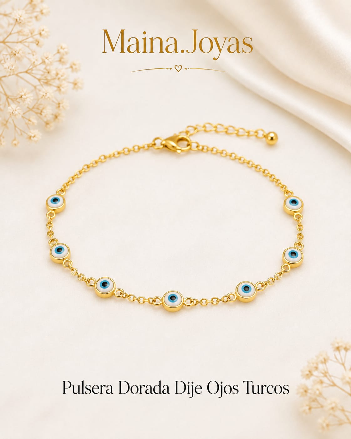 Pulsera Dorada + dijes ojitos turcos