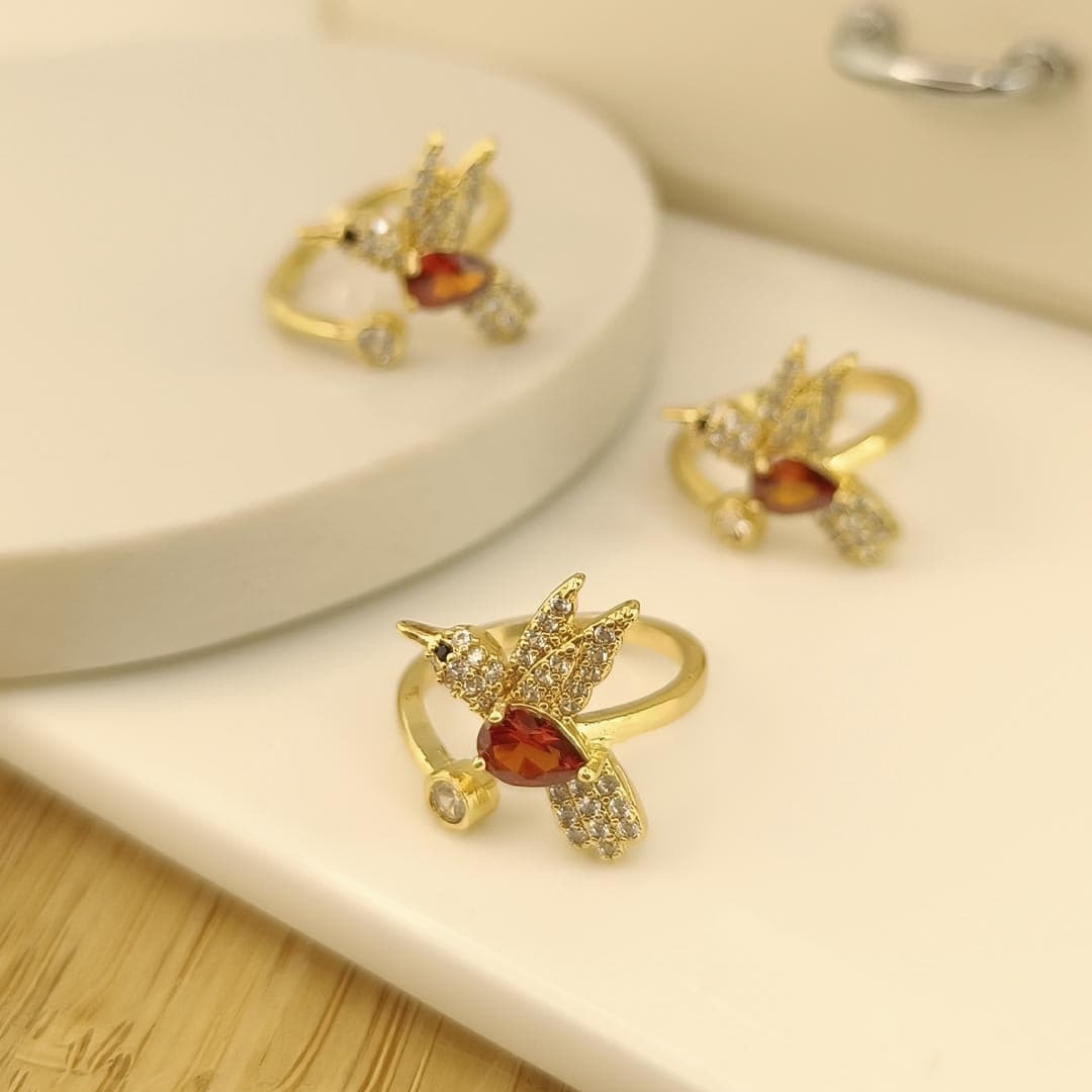 Anillo Dorado Falange Colibrí - Naranja/Rojizo 🧡❤️