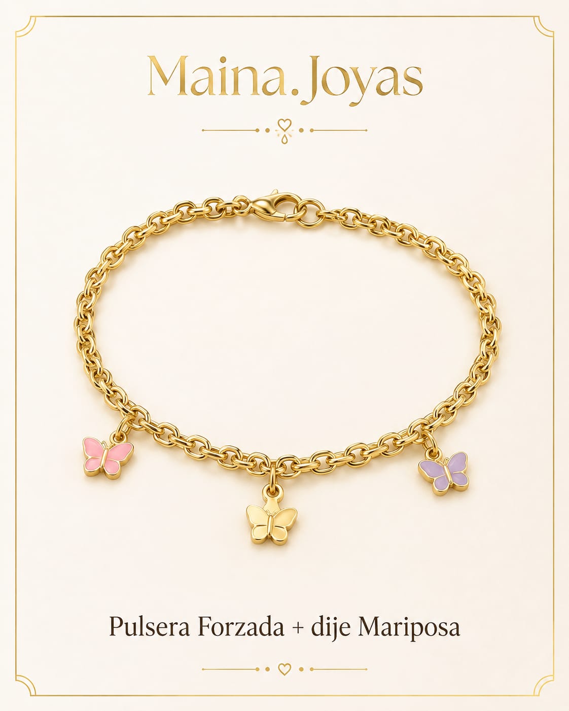 Pulsera Forzada + dije mariposa rosa - blanca - lila