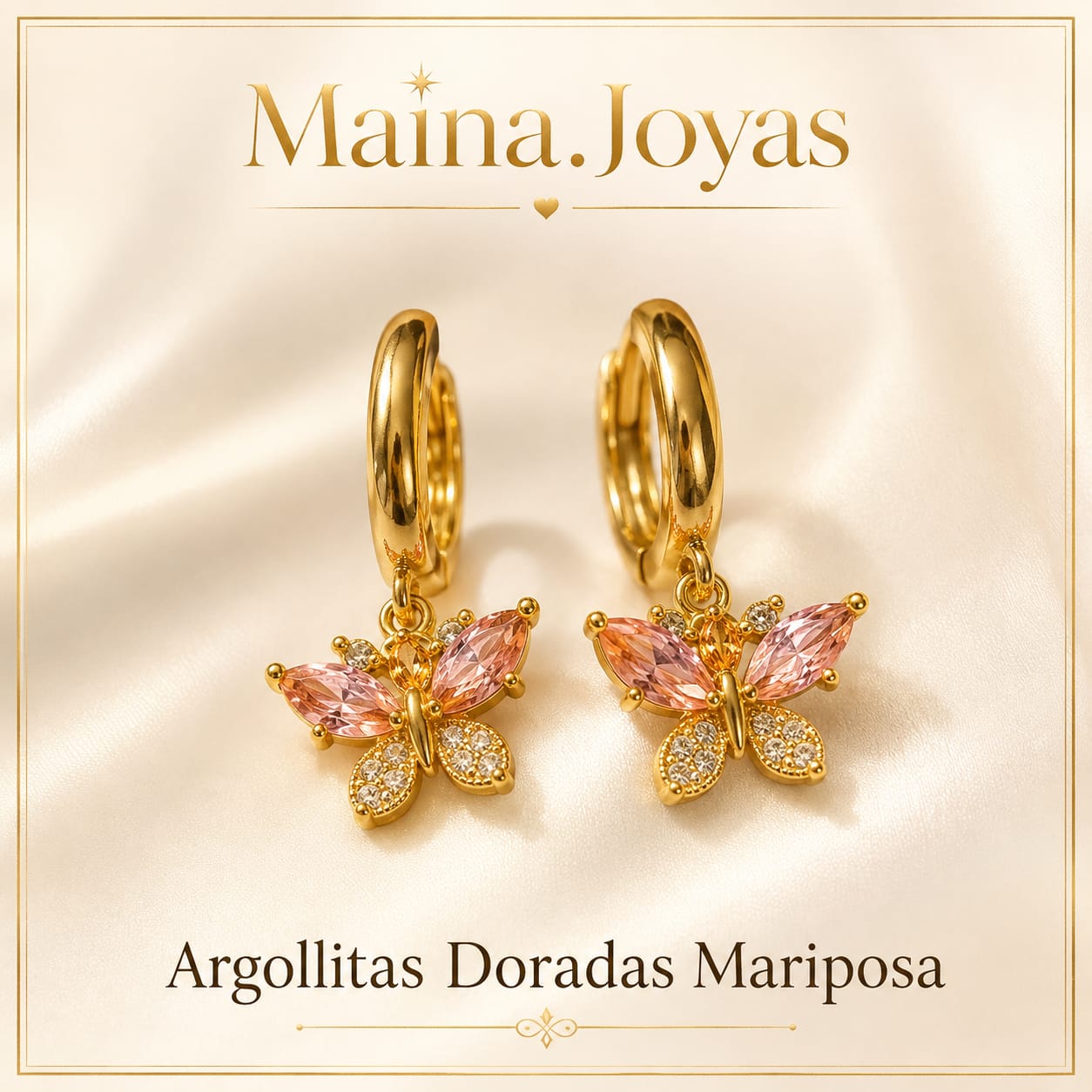 Argollitas Doradas Mariposita 🦋 Rosa/Blanca