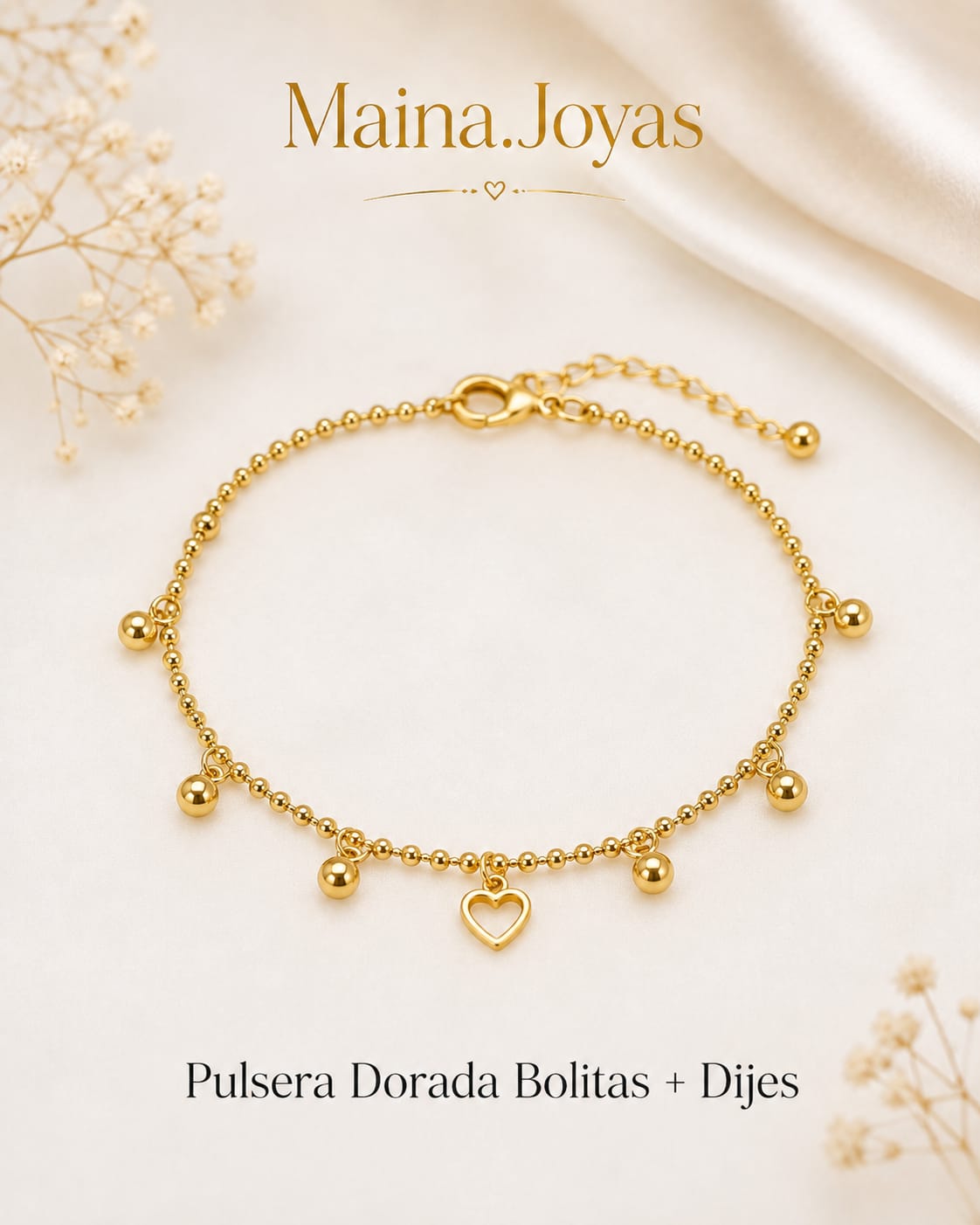 Pulsera Dorada bolitas + dije corazón calado
