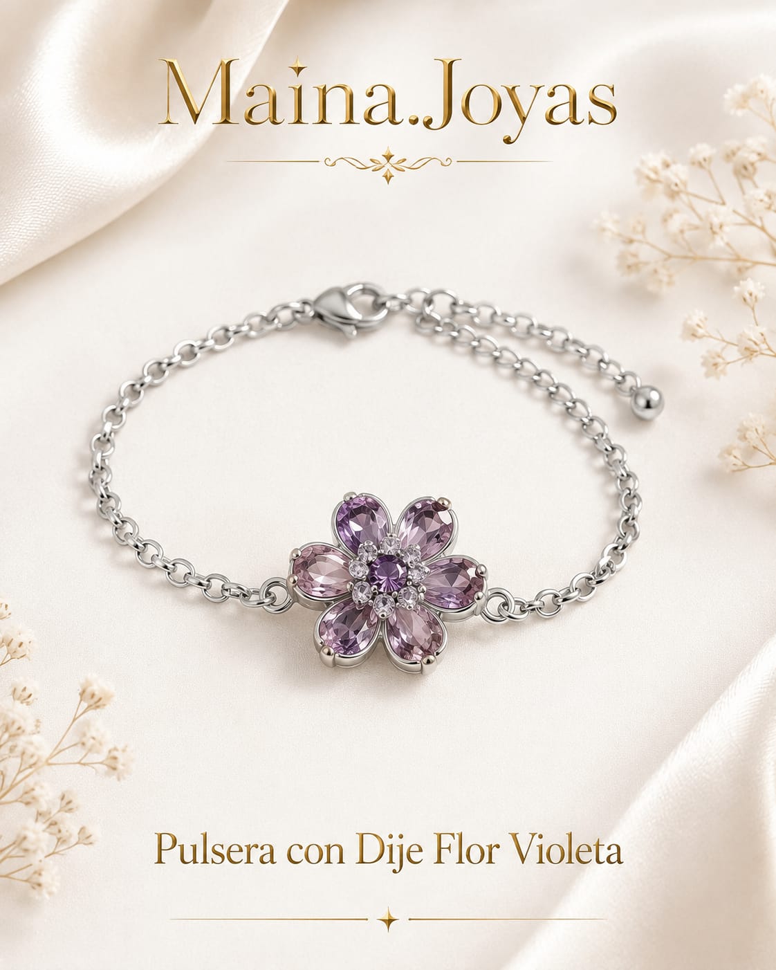 Pulsera Con Dije Flor Violeta Giratoria