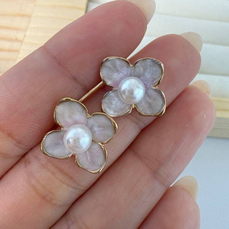 Aros Dorados Flor 🌸+ Perlita - Detalle Lila