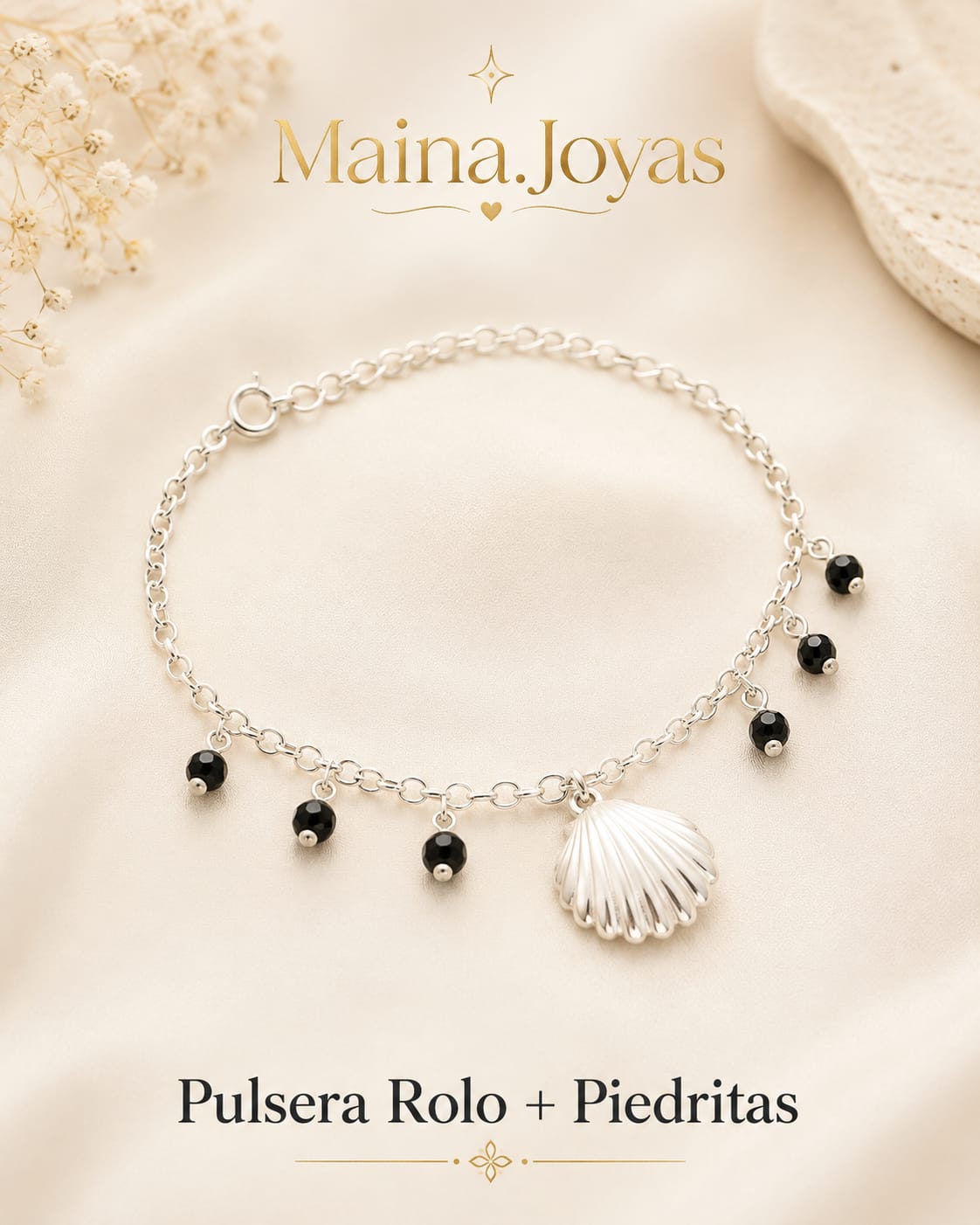 Pulsera Rolo + piedritas negras + ostra