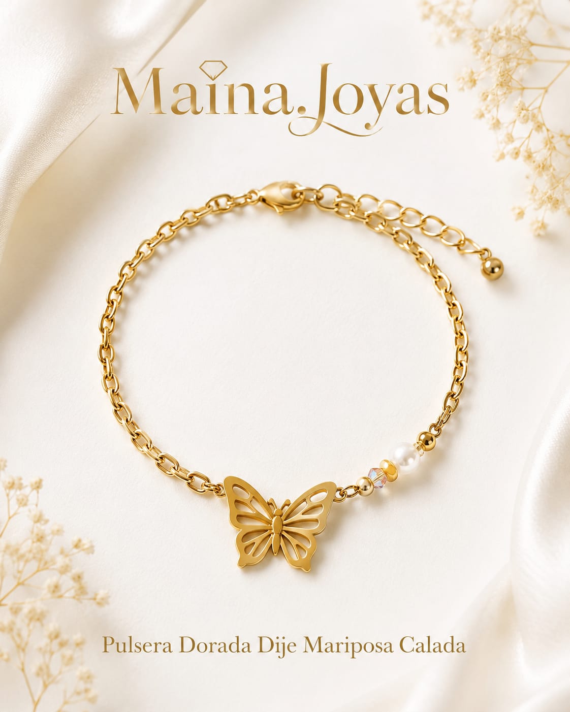 Pulsera Dorada Dije Mariposa Calada + Margaritas