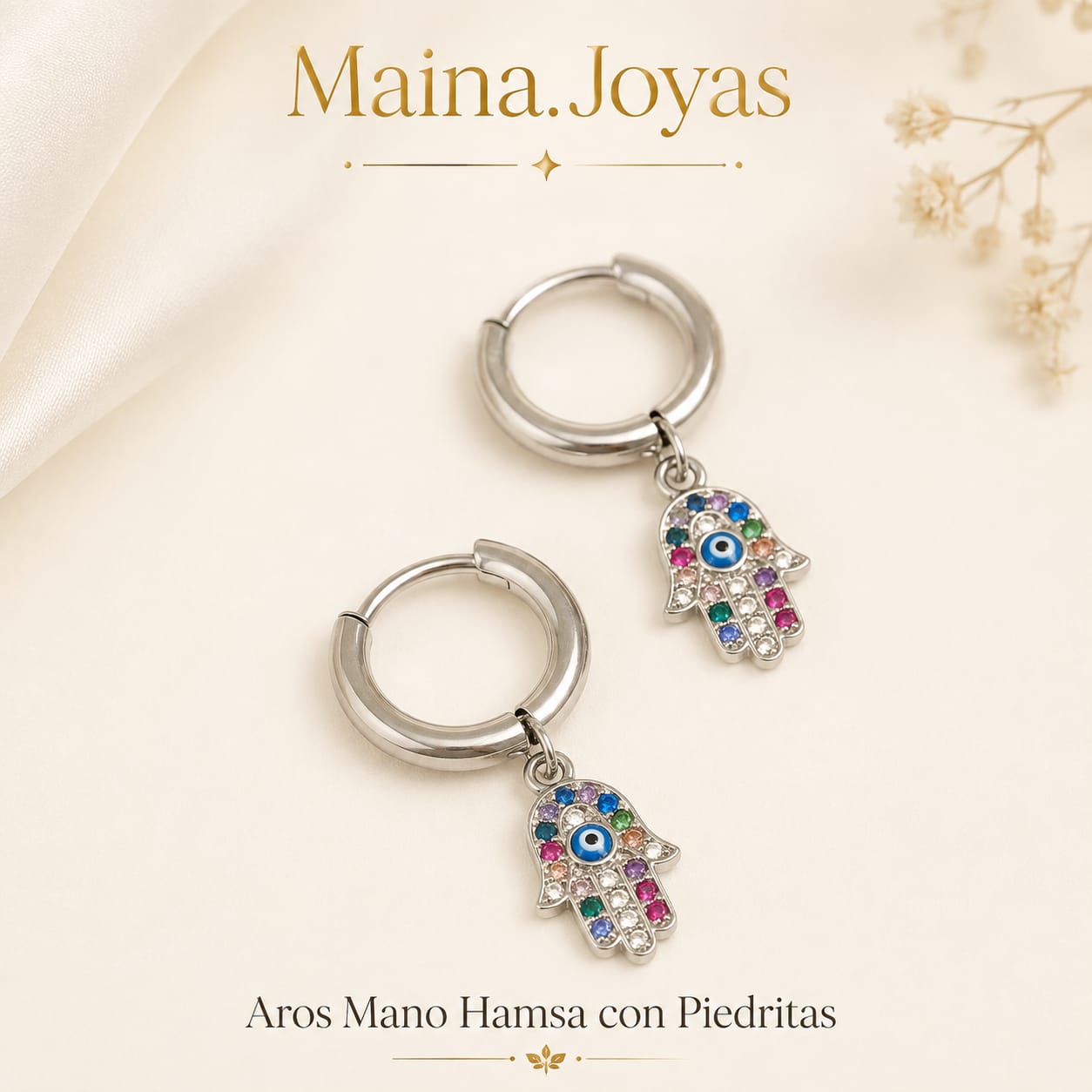 Aros Mano Hamsa 🪬 c/Piedritas Coloridas